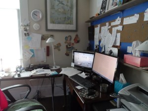 The Work-in-Progress. You can see the "timeline" on the cork board.