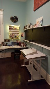 This was where the computer used to be. Now it's my art only corner. Note I painted a chalkboard onto the wall between the shelves. This will be my new timeline.